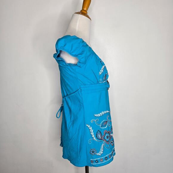 Vintage Y2K Floral Embroidered Peasant Blouse Blue Puff Fairy Women Medium - Picture 2 of 10